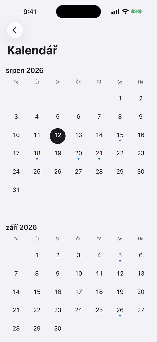 Kalendář Medaylo s tečkami u dnů, kdy lék dojde